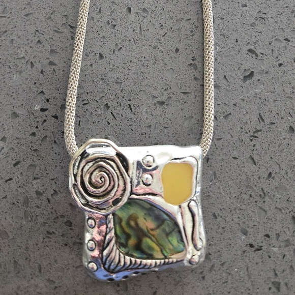 Abalone Pendant Necklace Artsy Artist Made & Yellow Stone Silver Tone Statement - Picture 1 of 15